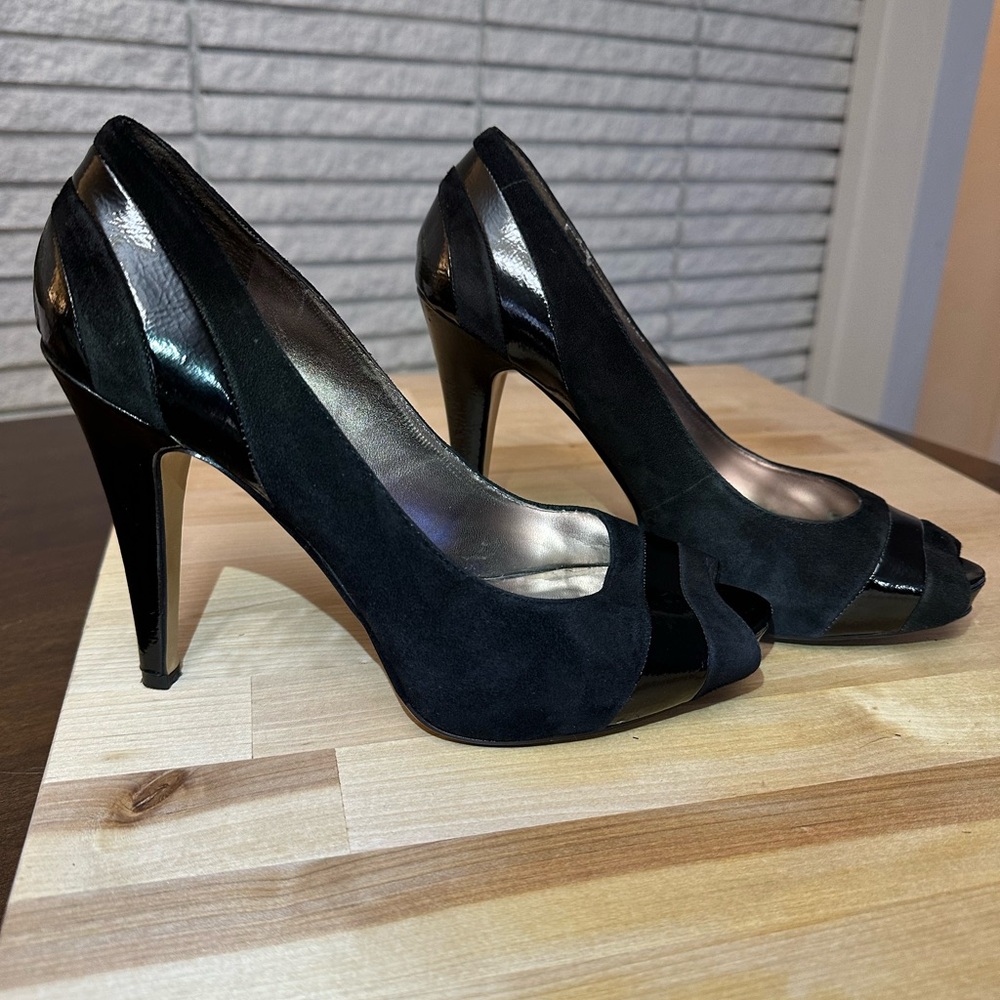 Elegant Black Peep-Toe Heels, Suede with Leather detail